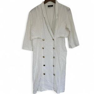 14 Vintage Old Money Minimalist White Patterned Collared V-Neck Midi Dress Gold